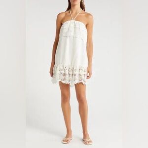 Farm Rio White Eyelet Linen Blend Mini Dress NWT Size M Resort Vacation Bridal